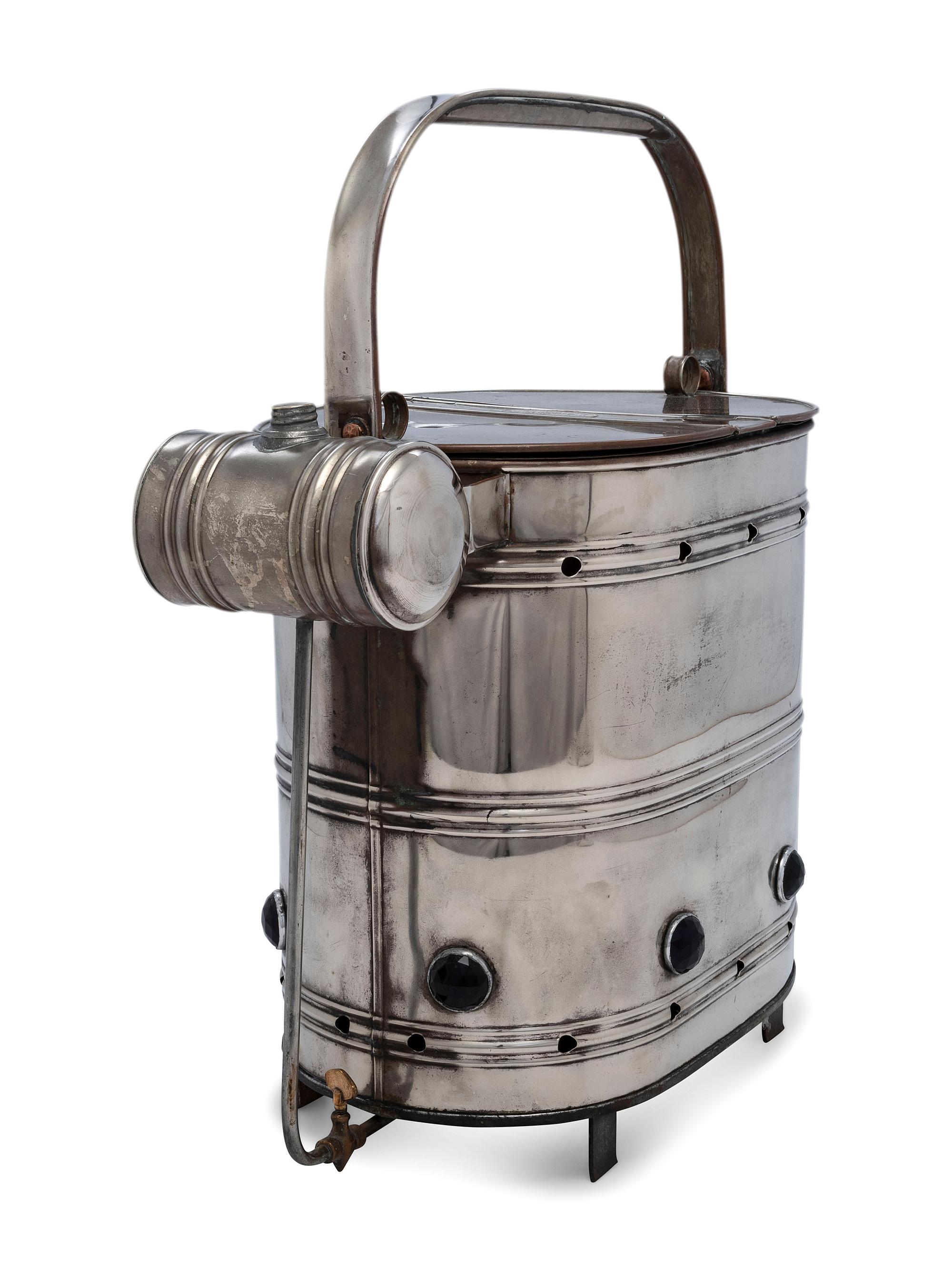An American Nickel-Plated Copper Hotdog Vendor Steamer with Burner and Jewels