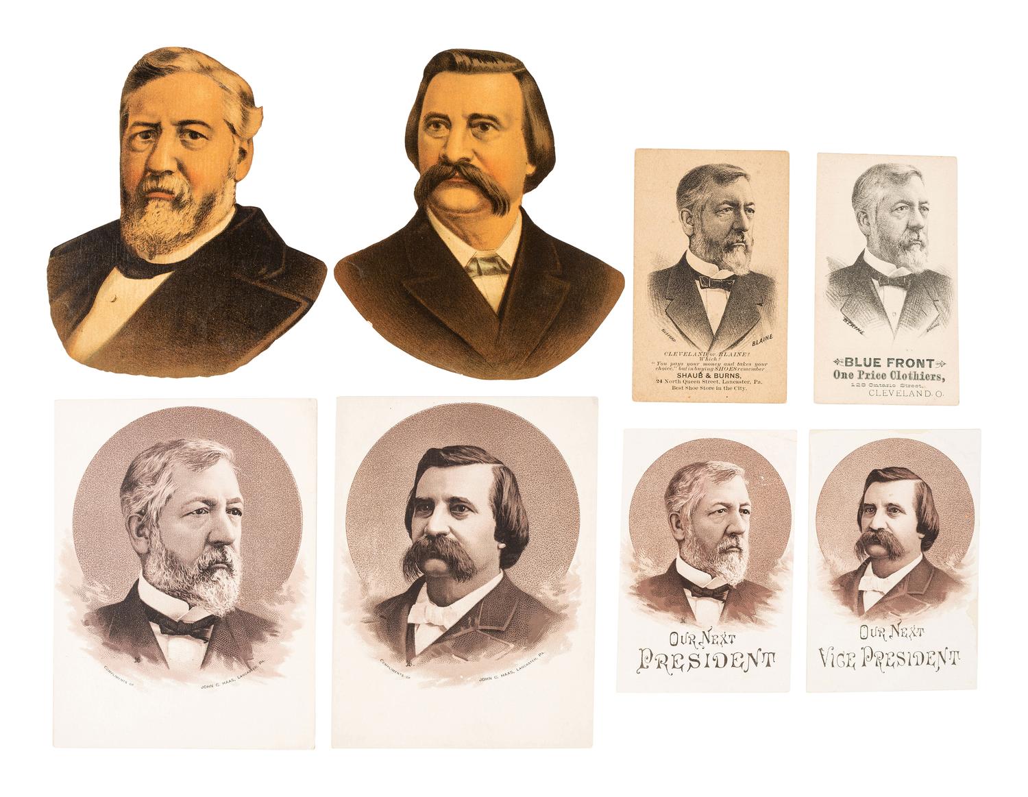 [1884 ELECTION] -- [BLAINE, James G.]. A group of cabinet cards, advertising cards, lithographs, and other ephemera from Blaine's 1884 presidential campaign, comprising:
