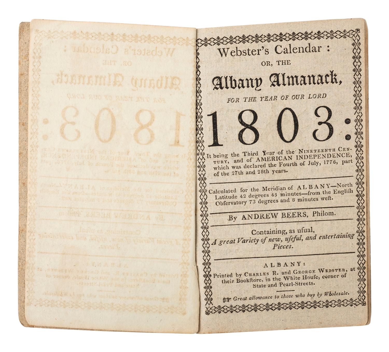 [KIRKLAND, Samuel (1741-1808)] -- [NATIVE AMERICANS]. Webster's Calendar: Or, the Albany Almanack , with journal entries by the Rev. Samuel Kirkland, 1803-1804.