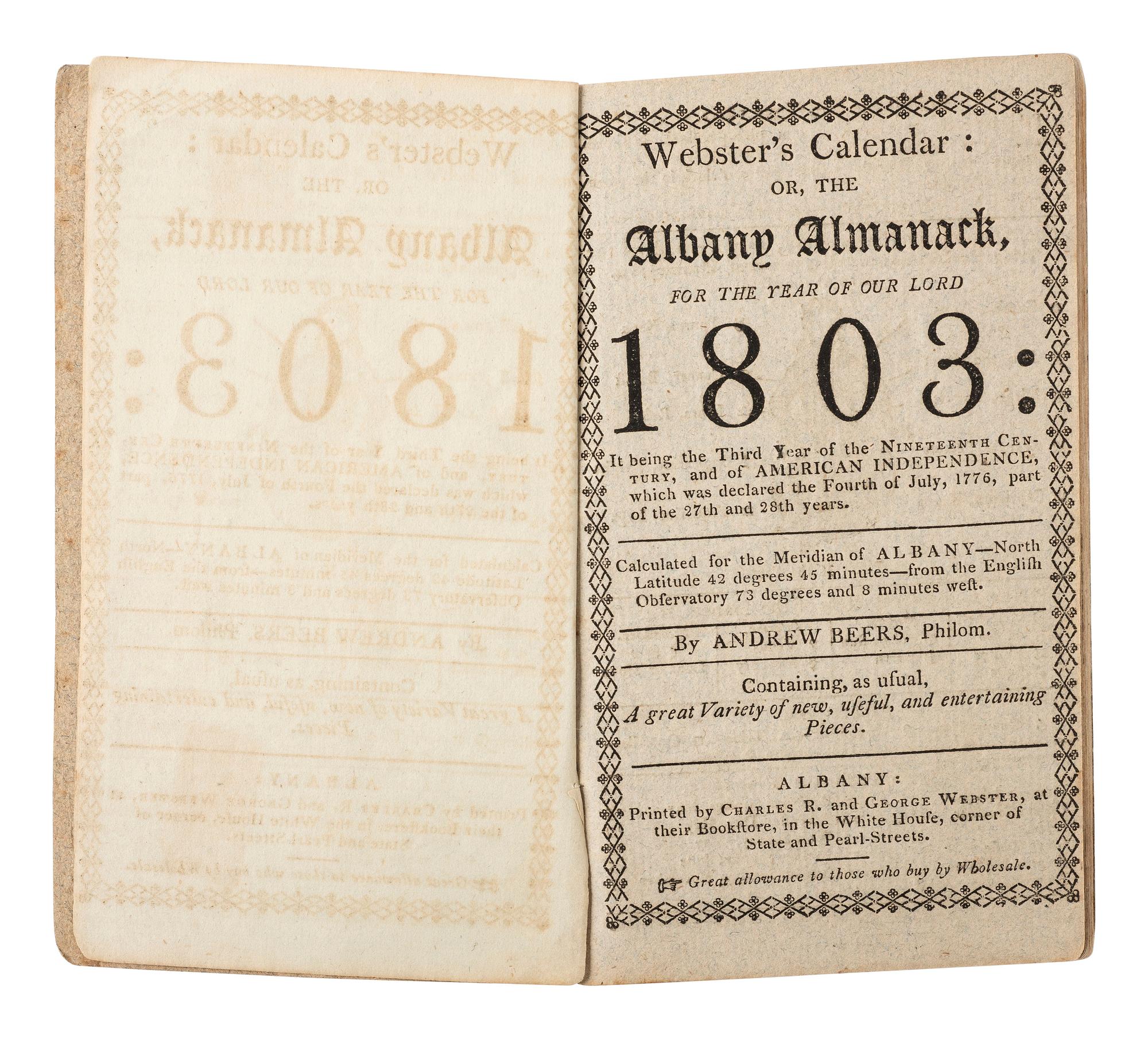 [KIRKLAND, Samuel (1741-1808)] -- [NATIVE AMERICANS]. Webster's Calendar: Or, the Albany Almanack , with journal entries by the Rev. Samuel Kirkland, 1803-1804.