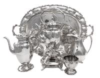 A Mexican Silver Five-Piece Coffee Service, Plata Villa, Mexico City, 20th Century, comprising a water kettle on stand, coffee pot, mil