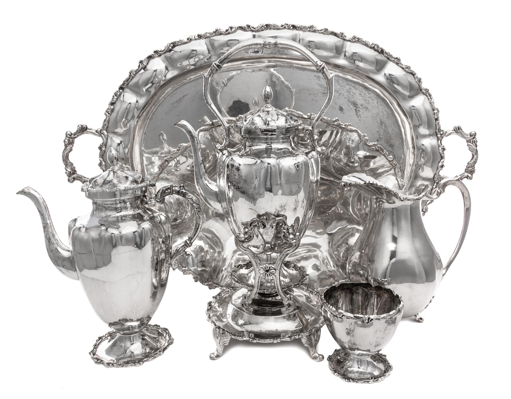 A Mexican Silver Five-Piece Coffee Service, Plata Villa, Mexico City, 20th Century, comprising a water kettle on stand, coffee pot, mil
