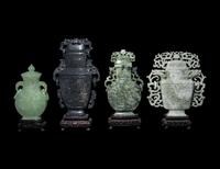 Four Chinese Jadeite and Hardstone Covered Vases