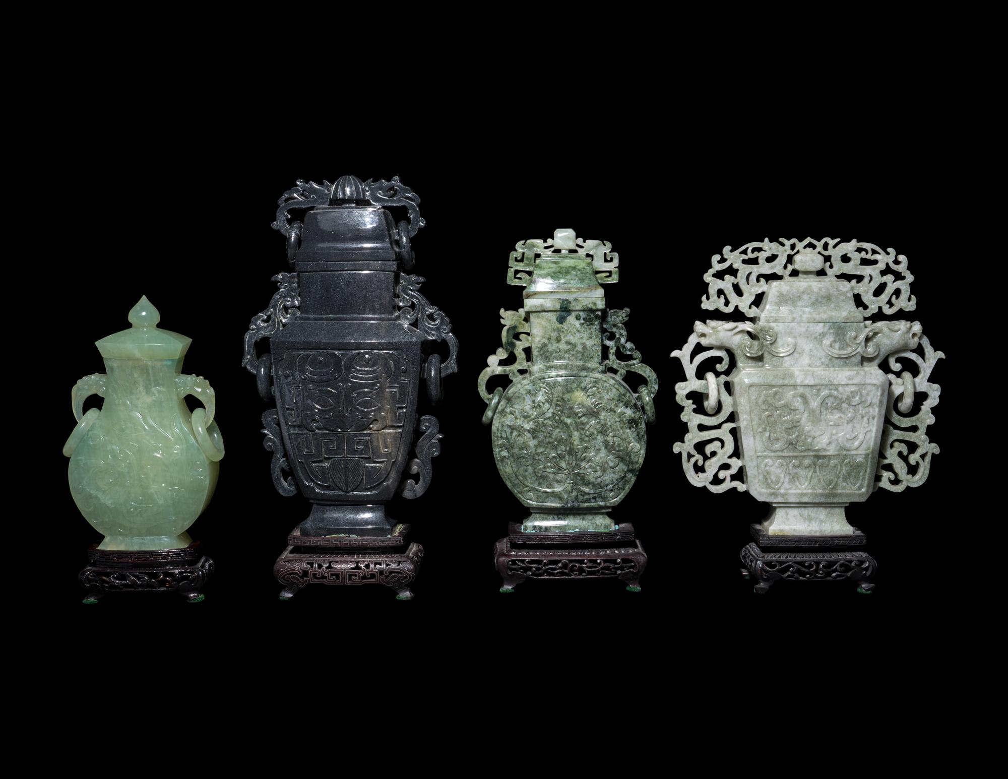 Four Chinese Jadeite and Hardstone Covered Vases