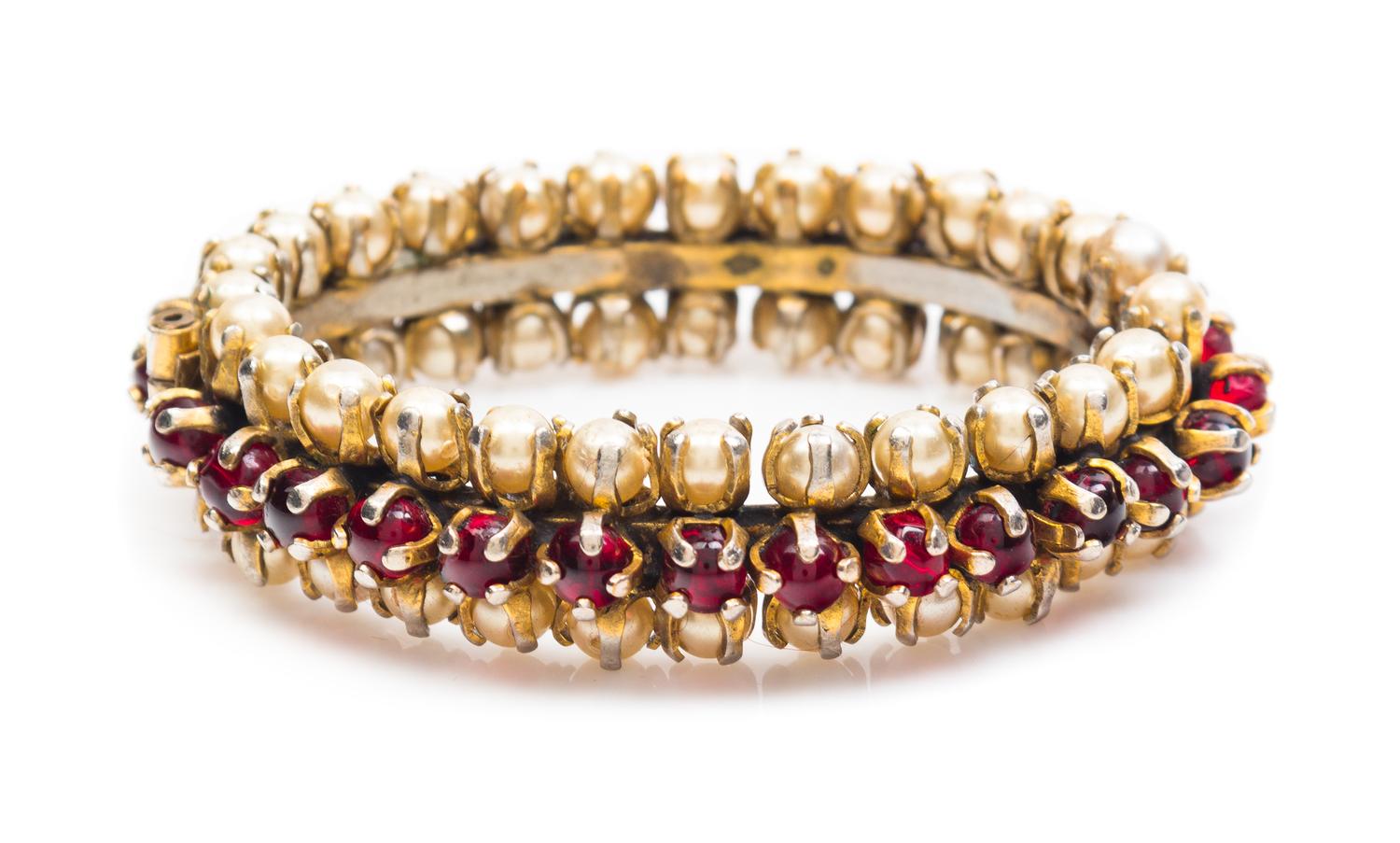 A Chanel Red Glass and Pearl Hinge Bracelet, 2.5" diameter, .75" width.