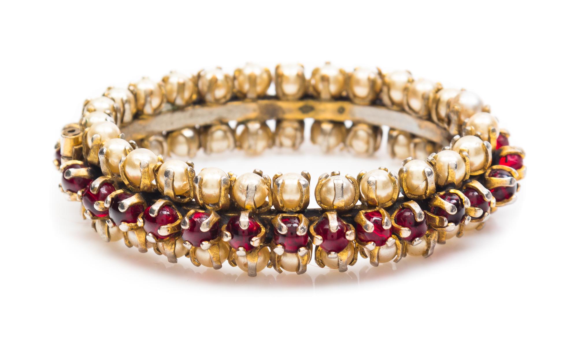 A Chanel Red Glass and Pearl Hinge Bracelet, 2.5" diameter, .75" width.
