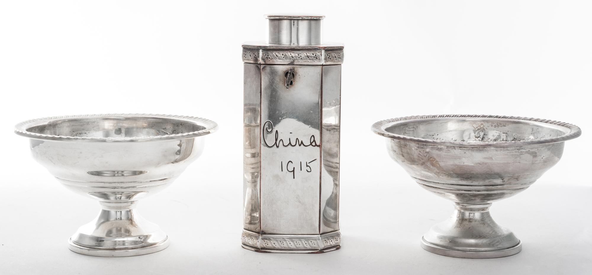 A Pair of American Silver Bowls, , with gadrooned rims, together with a silver-plate tea caddy.