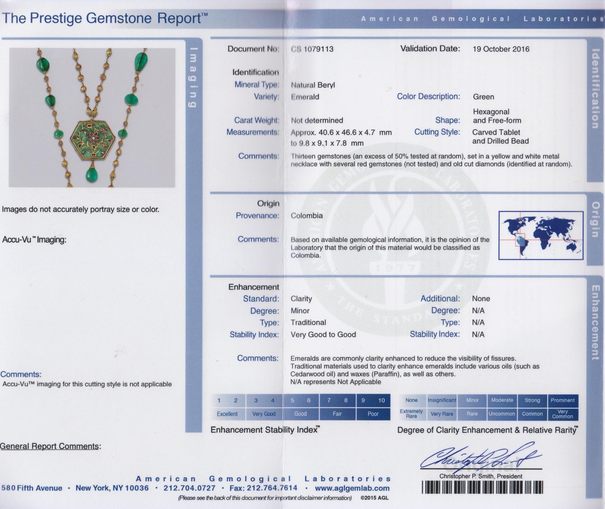 A Double Strand Yellow Gold, Emerald, Diamond, Ruby and Polychrome Enamel Necklace, Indian, 77.60 dwts.