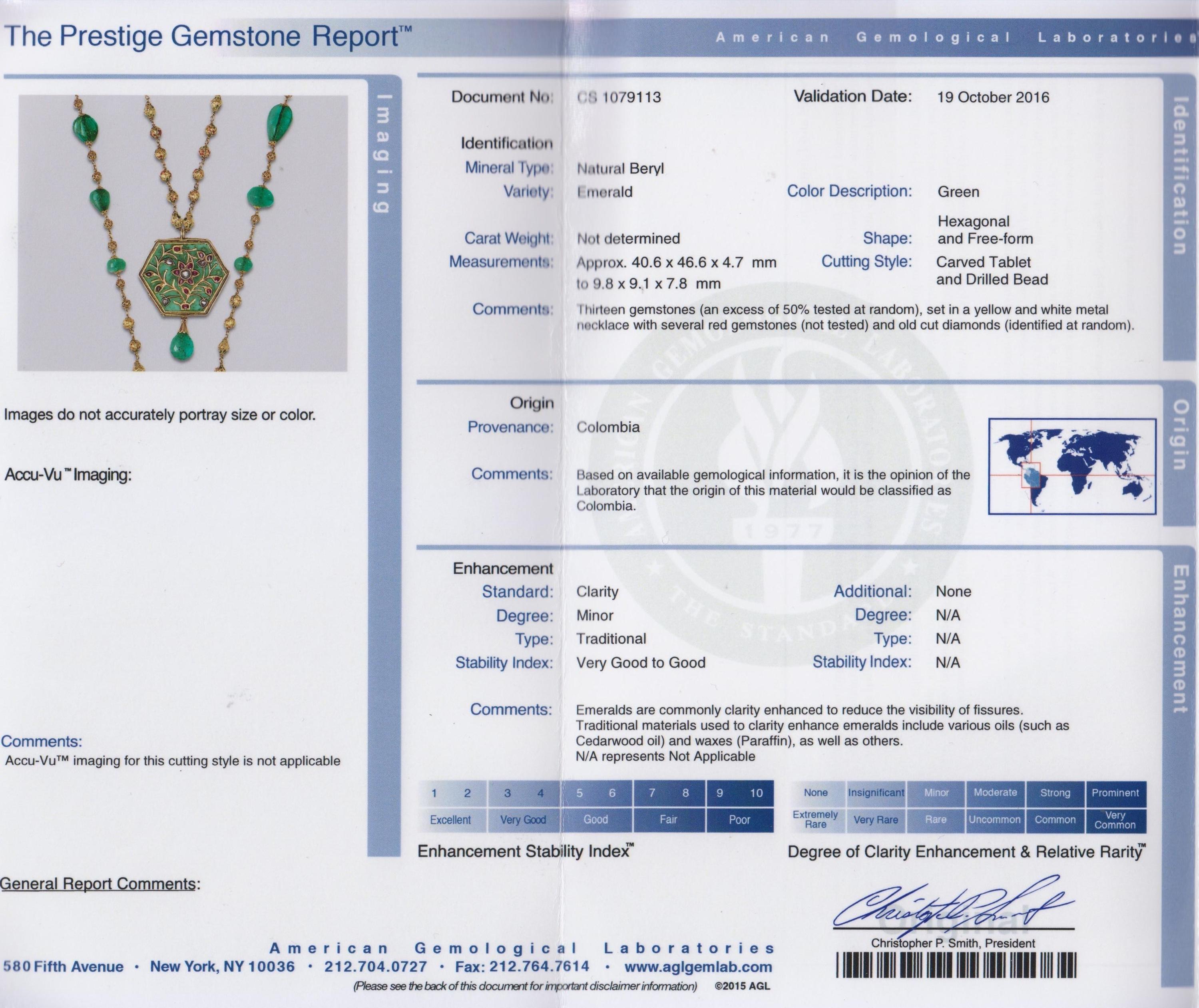 A Double Strand Yellow Gold, Emerald, Diamond, Ruby and Polychrome Enamel Necklace, Indian, 77.60 dwts.