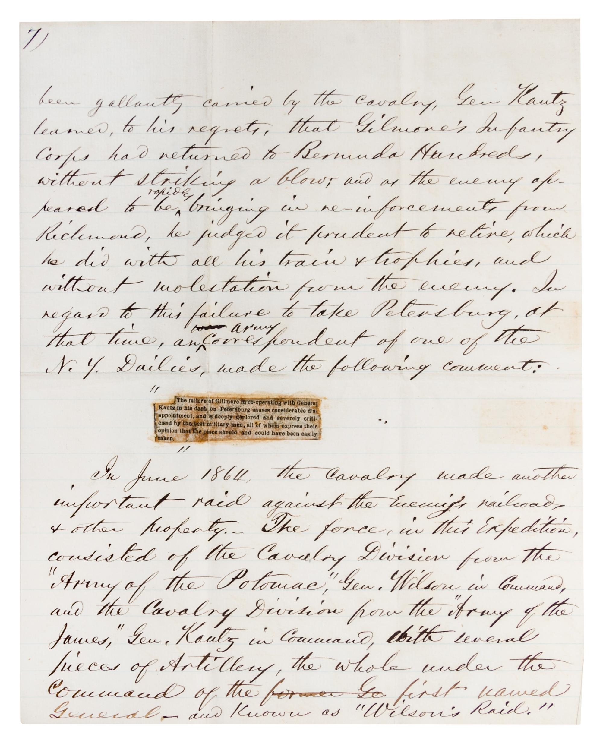 (CIVIL WAR) CURTIS, D.S., Col. 10 pp. mss, Washington, DC, December 4, 1866. Re: account of raids, railroad sabotage, et. With 1p. ALS