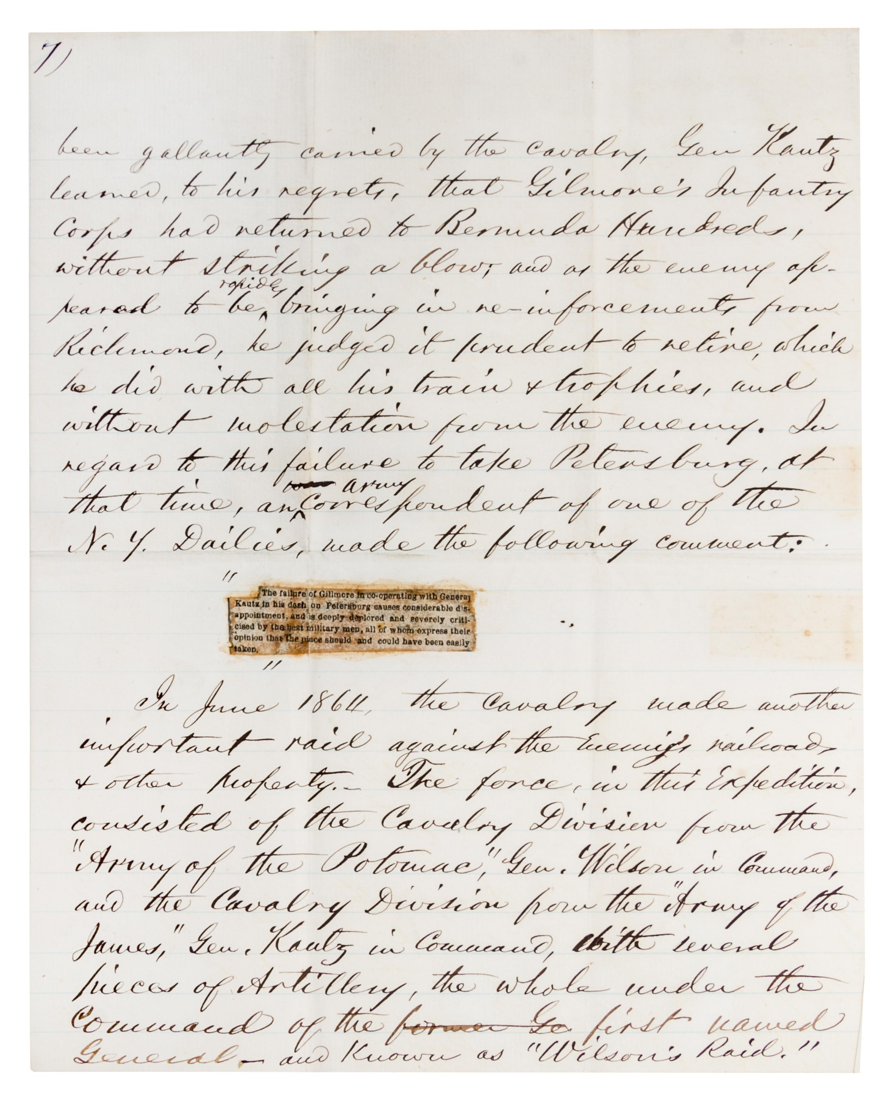 (CIVIL WAR) CURTIS, D.S., Col. 10 pp. mss, Washington, DC, December 4, 1866. Re: account of raids, railroad sabotage, et. With 1p. ALS