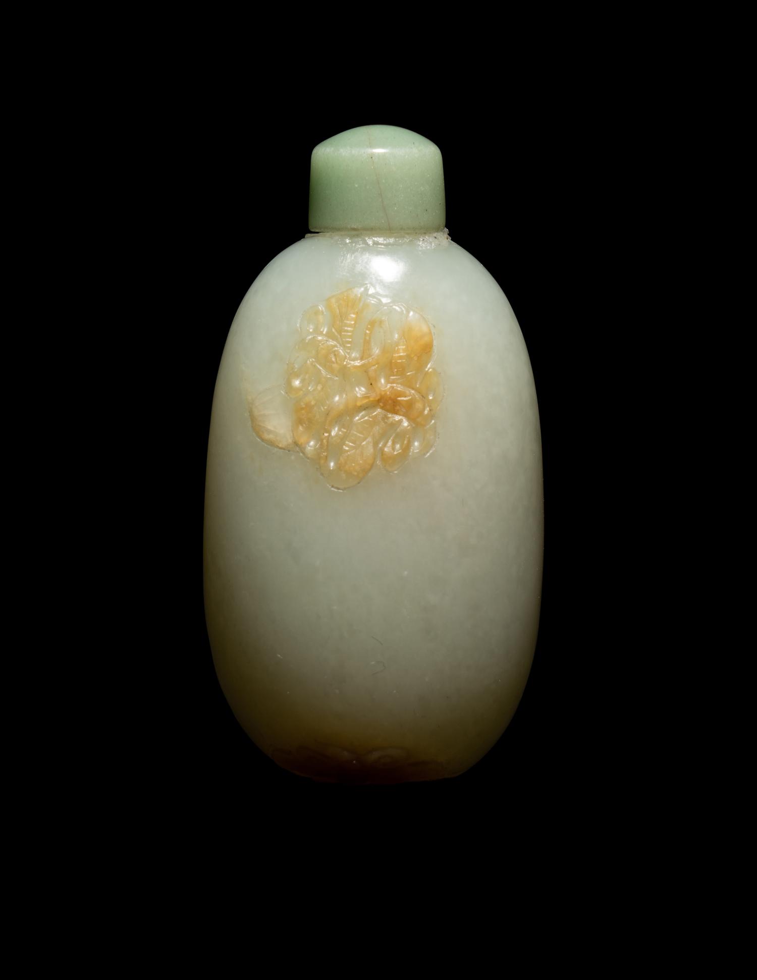 A Chinese Carved Russet and Pale Celadon Jade Oval-Form 'Butterflies' Snuff Bottle