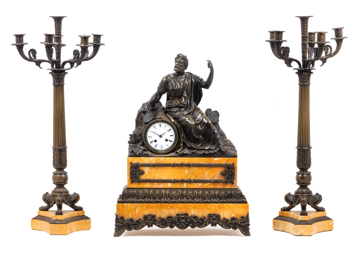 A Neoclassical Style Gilt and Patinated Bronze and Sienna Marble Clock Garniture