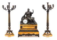 A Neoclassical Style Gilt and Patinated Bronze and Sienna Marble Clock Garniture