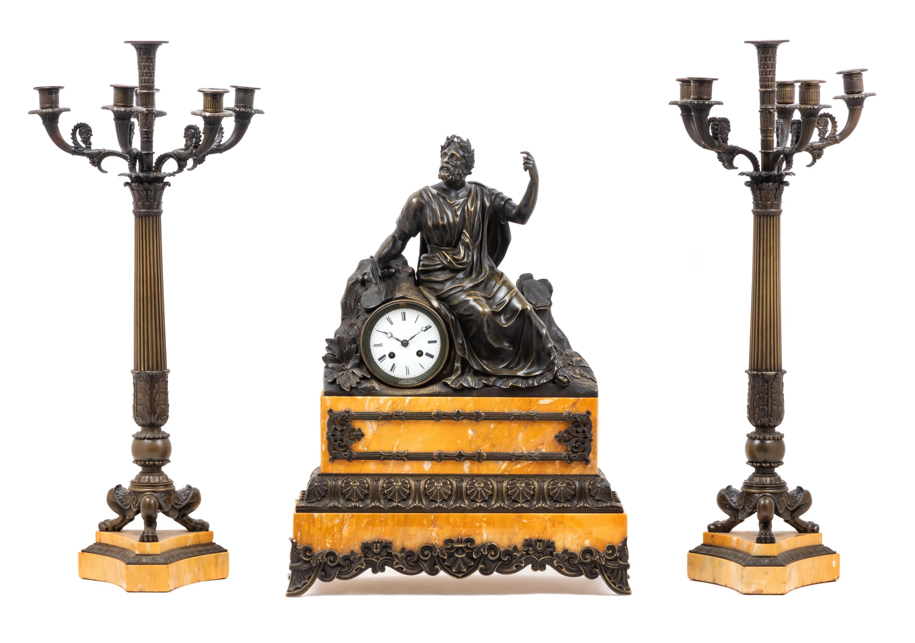 A Neoclassical Style Gilt and Patinated Bronze and Sienna Marble Clock Garniture