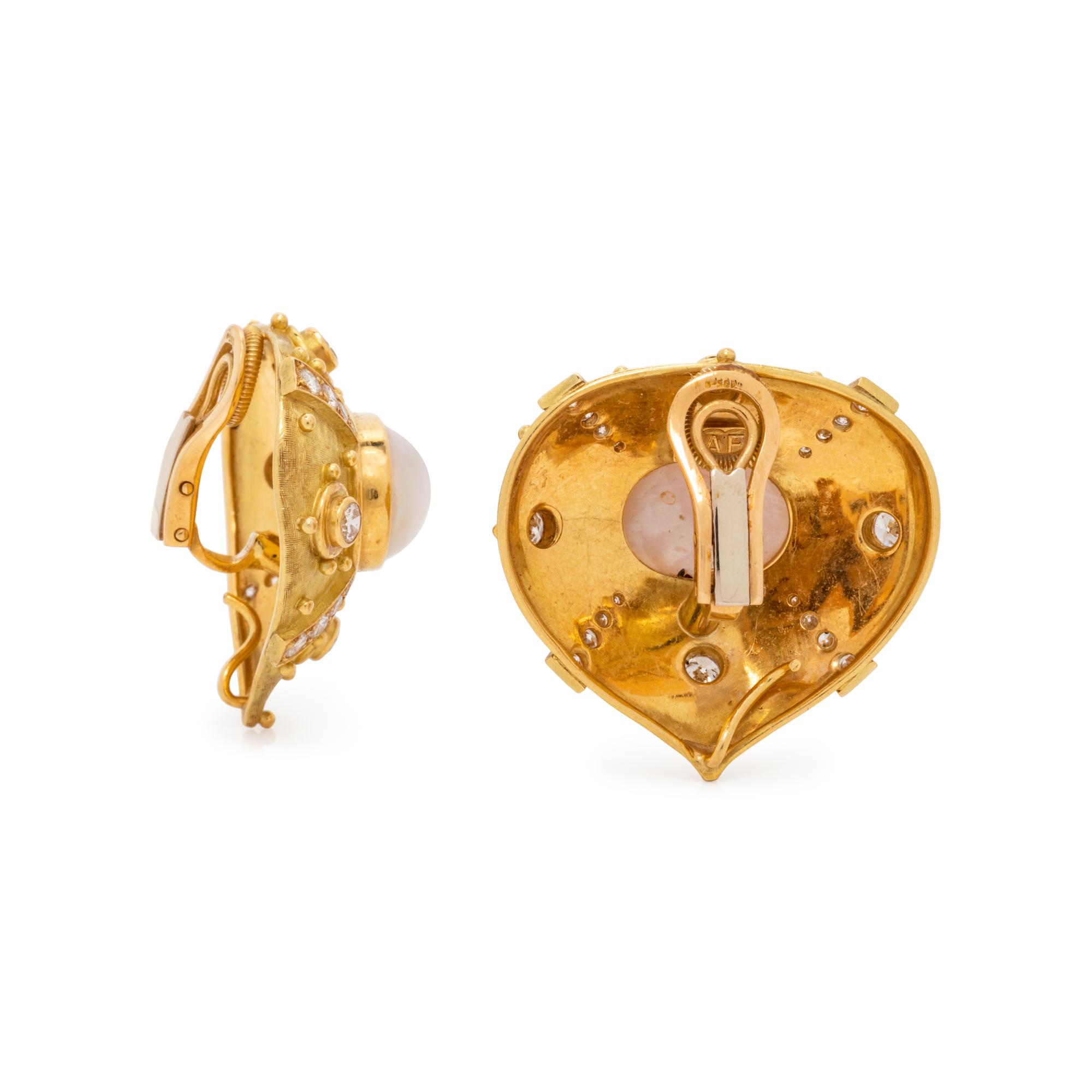 YELLOW GOLD, CULTURED MABE PEARL AND DIAMOND EARCLIPS