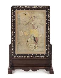 A Chinese Embroidered Silk Panel Inset Table Screen Height 29 inches. — LATE 19TH/EARLY 20TH CENTURY