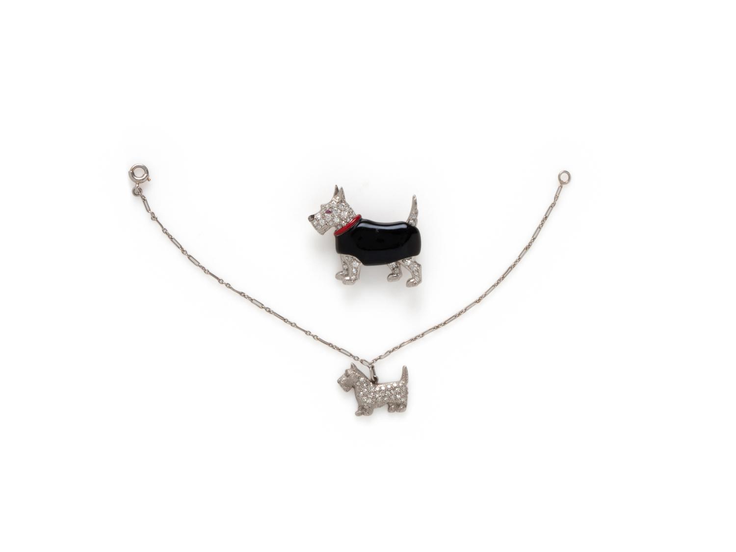 DIAMOND AND ENAMEL DOG MOTIF JEWELRY