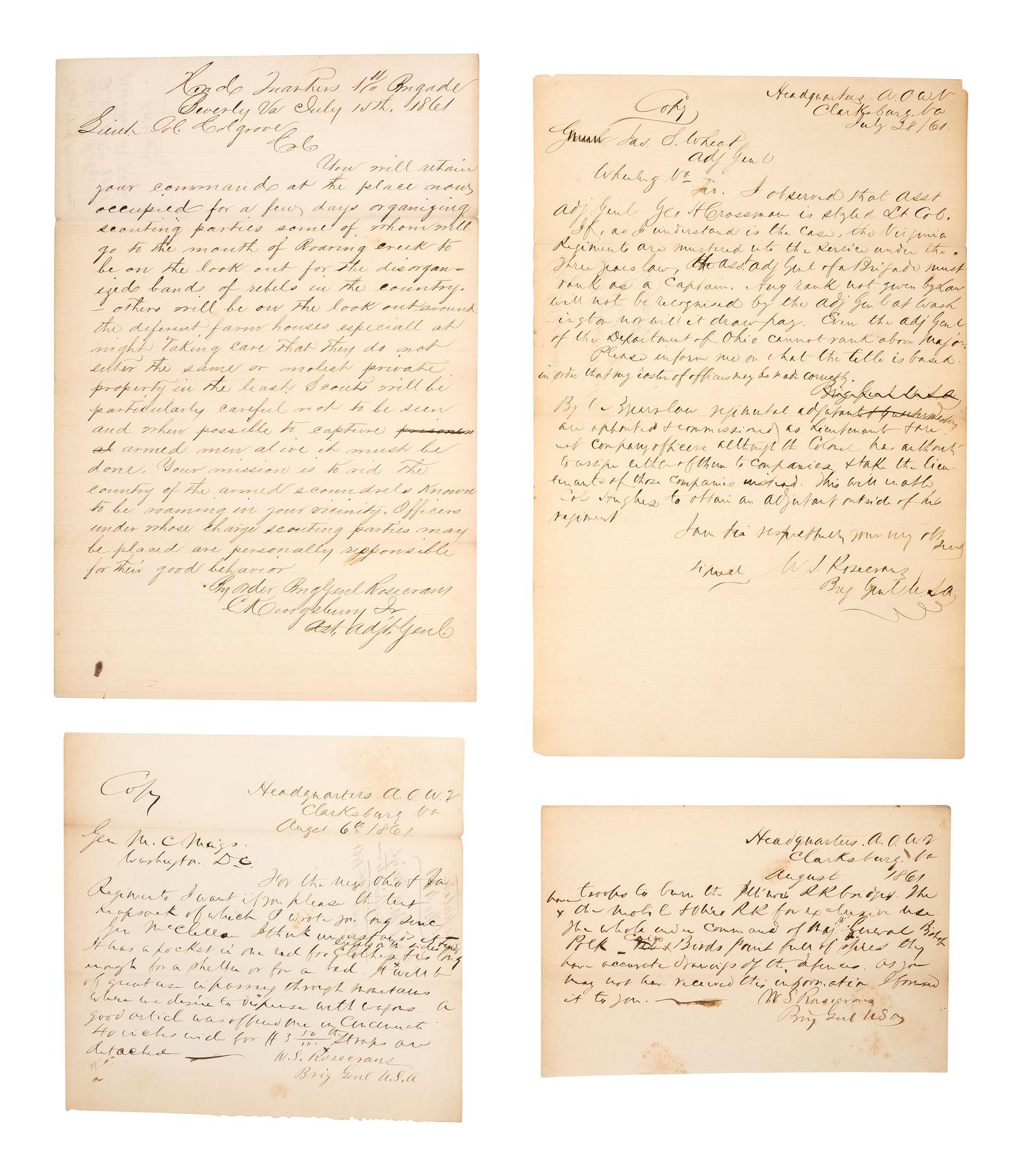 [CIVIL WAR] -- ROSECRANS, General William S. (1819-1898). Letters and documents associated with General William S. Rosecrans and the early months of the Civil War, including 3 ALsS.