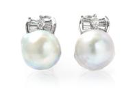 A Pair of 18 Karat White Gold, Cultured Pearl and Diamond Earclips, 4.40 dwts.