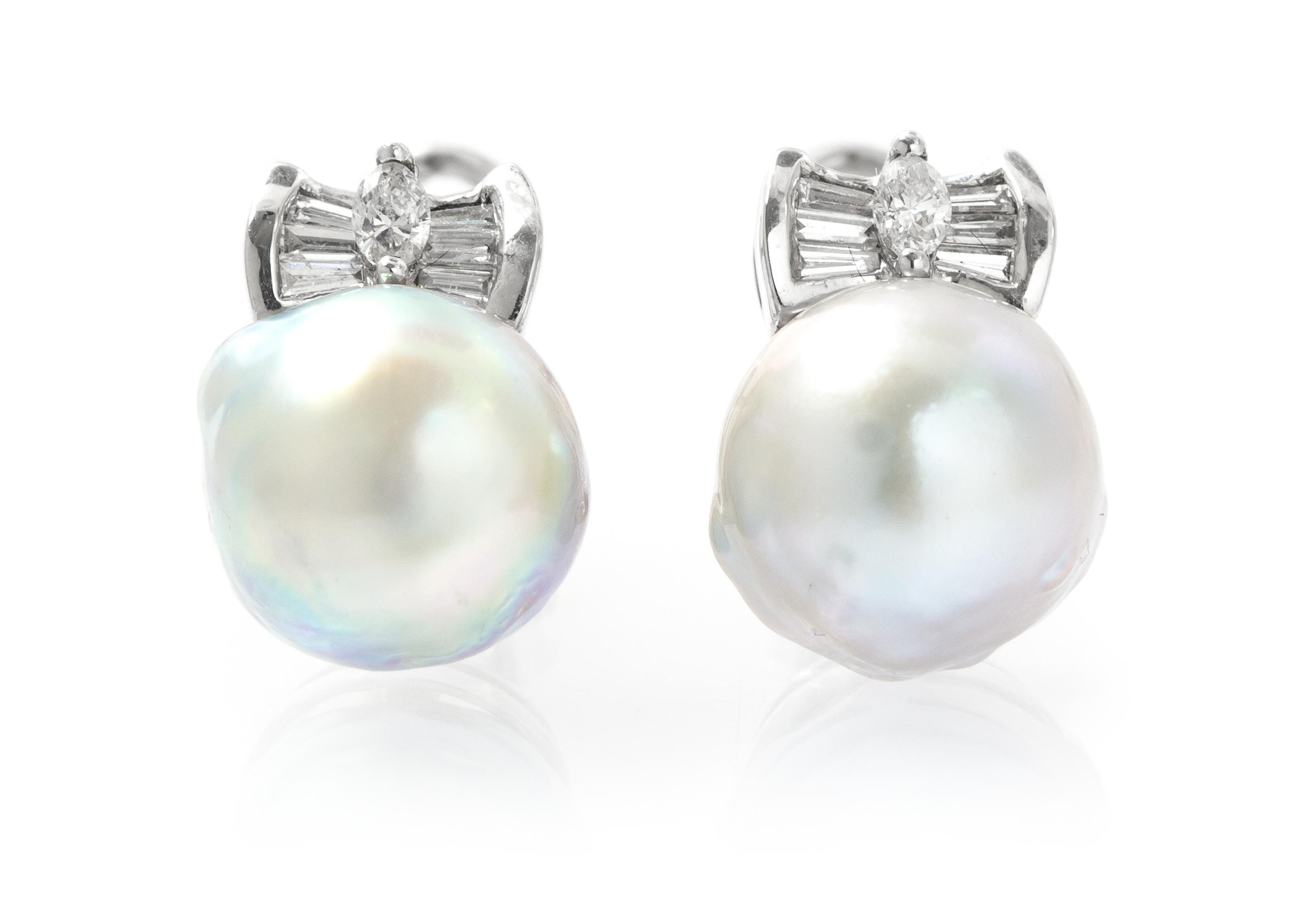 A Pair of 18 Karat White Gold, Cultured Pearl and Diamond Earclips, 4.40 dwts.