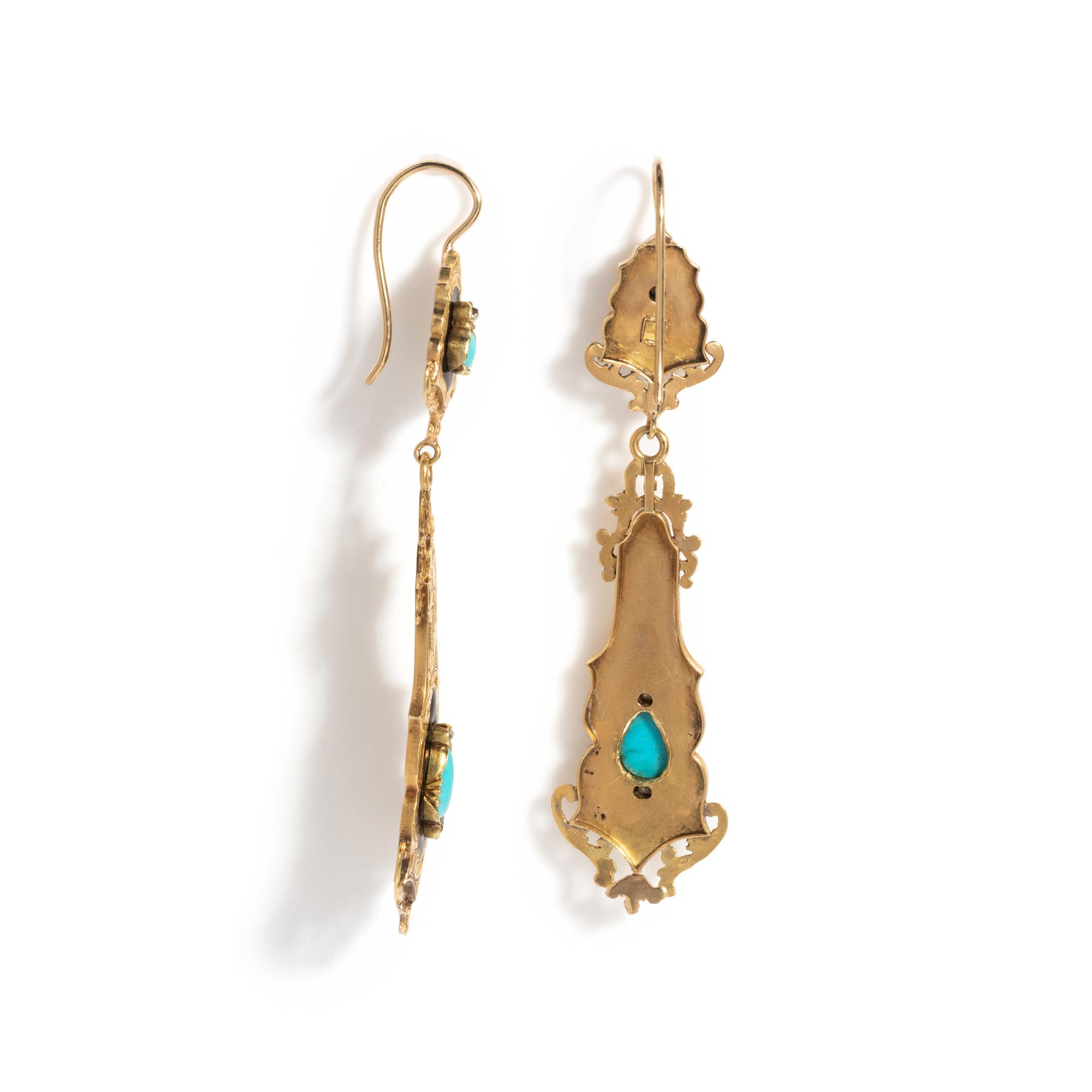 FRENCH, ANTIQUE, YELLOW GOLD, DIAMOND, TURQUOISE AND ENAMEL EARRINGS