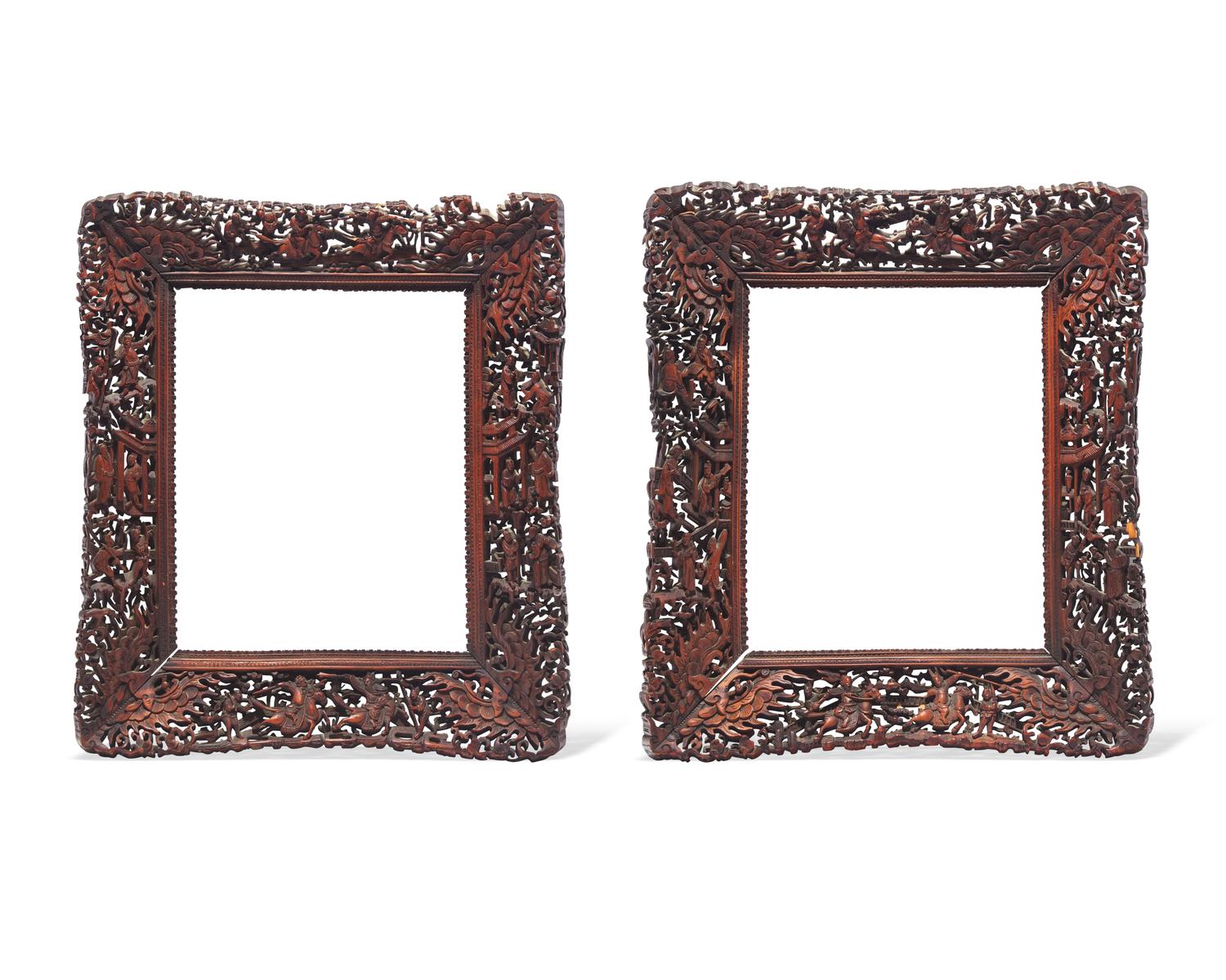 A pair of Chinese Export carved and stained wood frames, 19th century