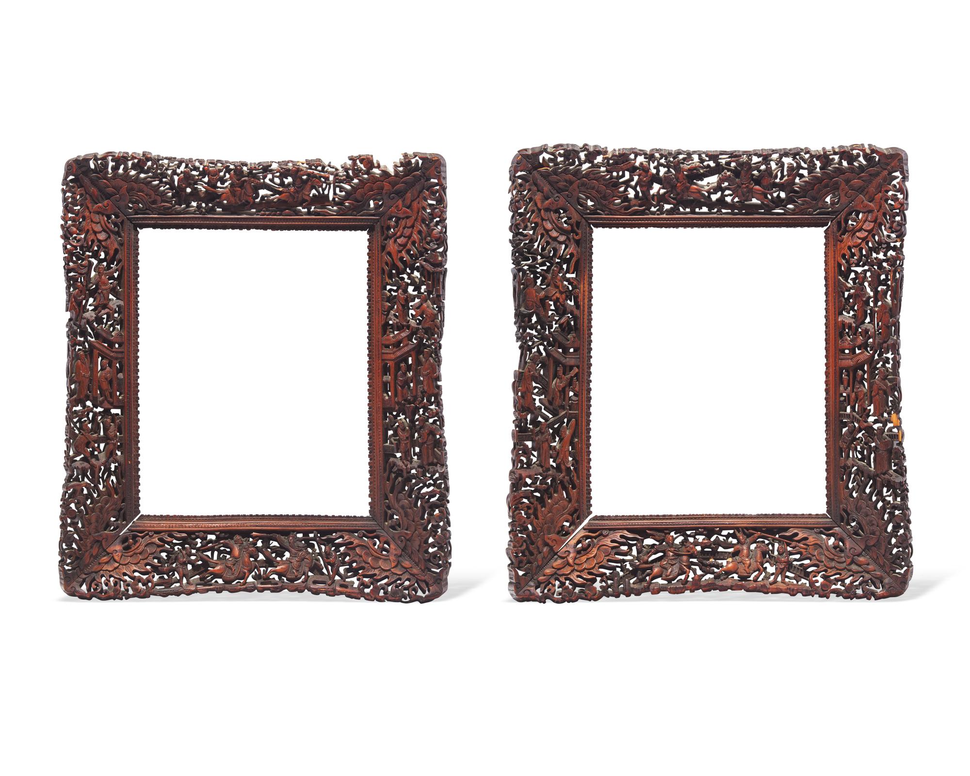 A pair of Chinese Export carved and stained wood frames, 19th century