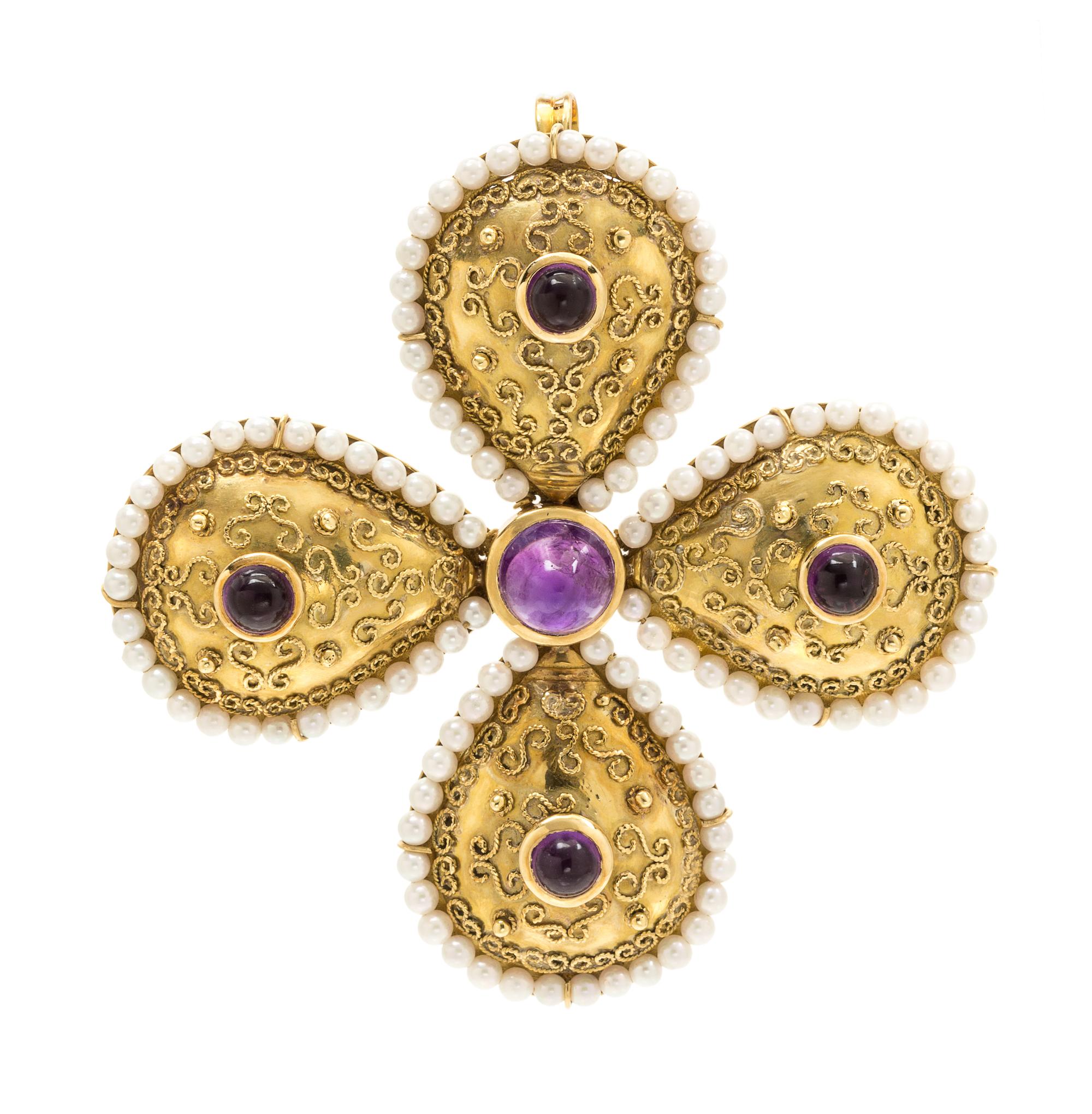 An 18 Karat Yellow Gold, Amethyst and Cultured Pearl Brooch, Zolotas, 31.50 dwts.