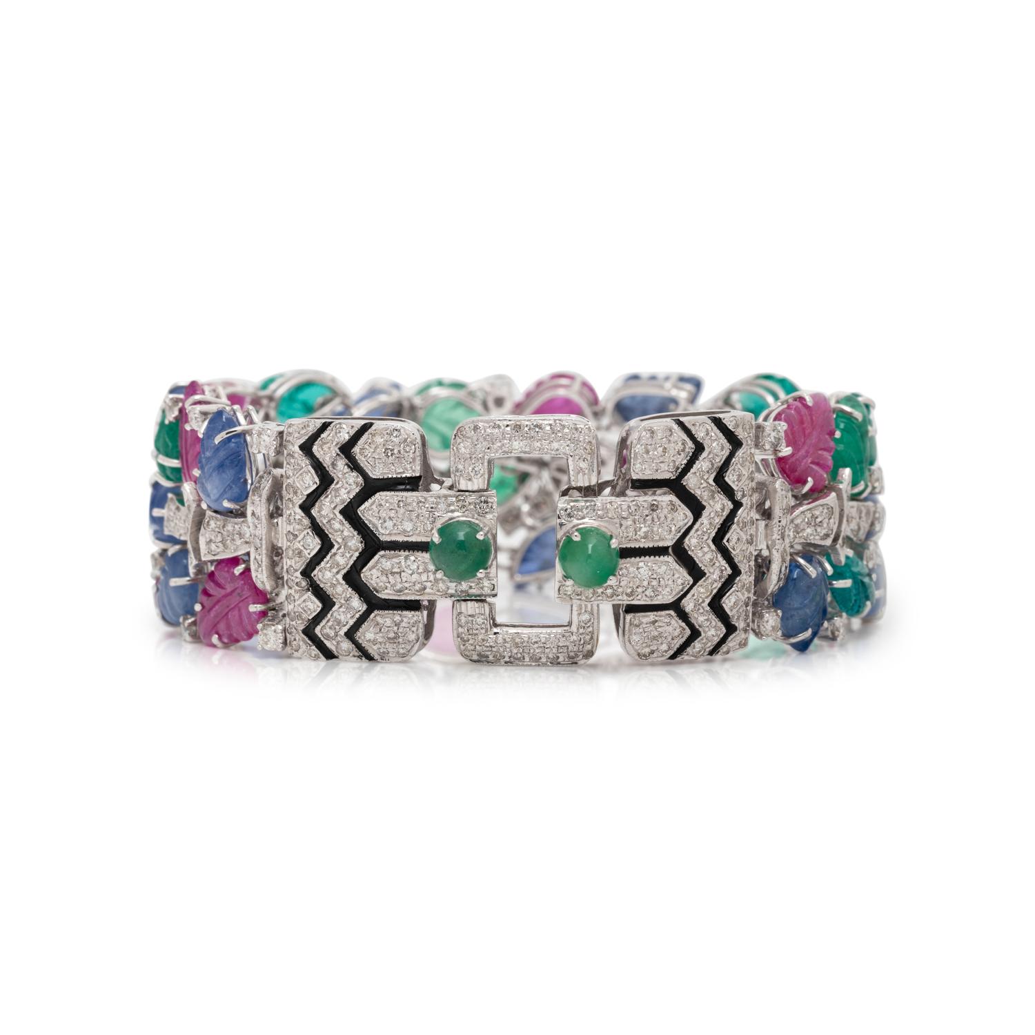 CARVED MULTIGEM, DIAMOND AND ENAMEL BRACELET