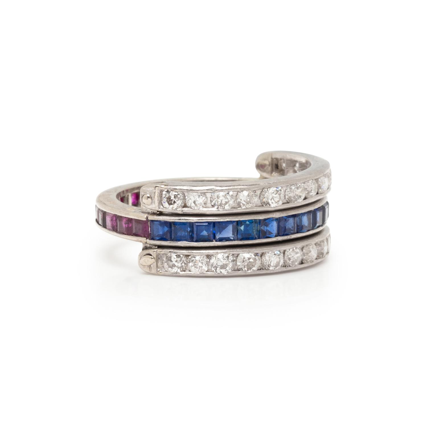 PLATINUM, DIAMOND, RUBY AND SAPPHIRE ETERNITY FLIP RING