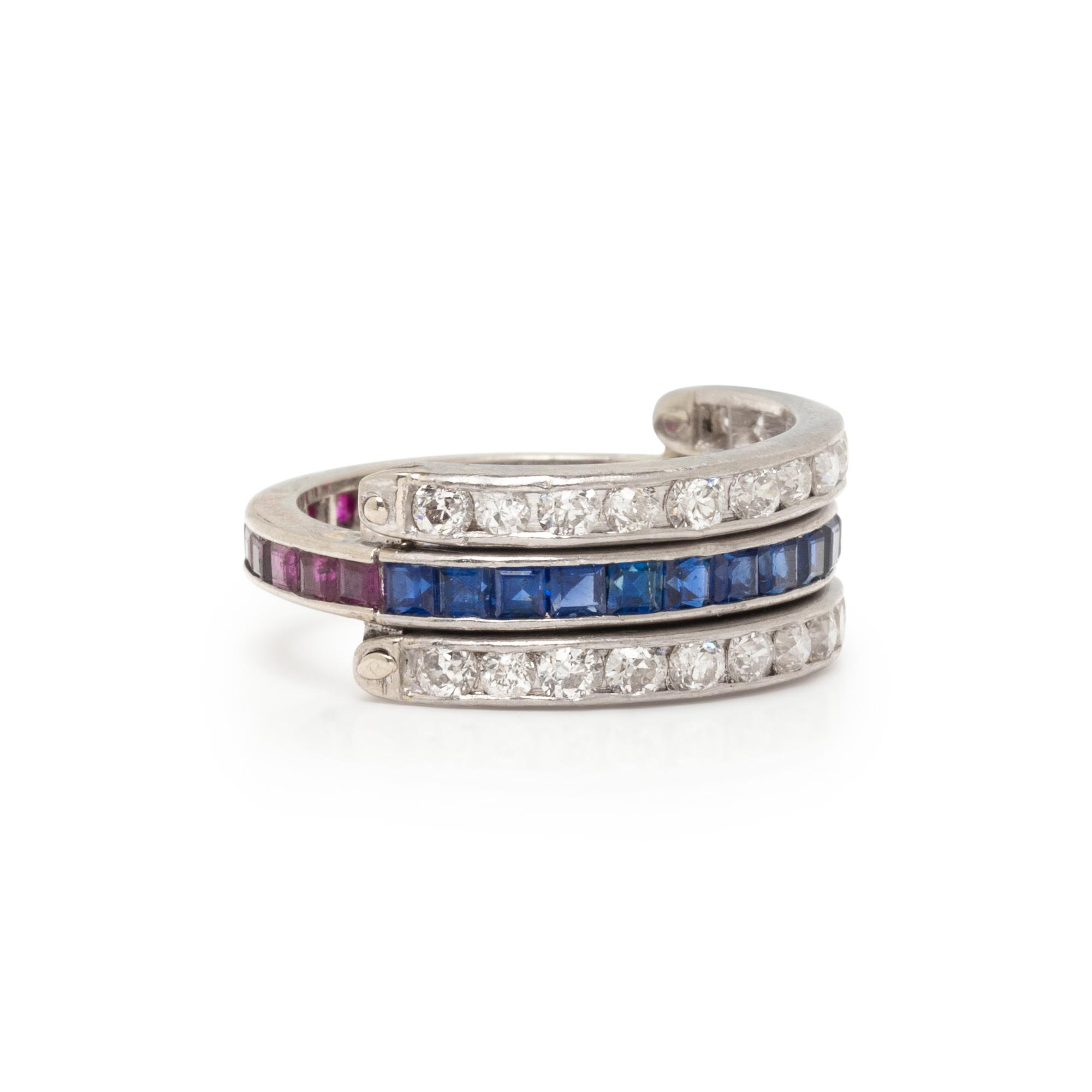 PLATINUM, DIAMOND, RUBY AND SAPPHIRE ETERNITY FLIP RING