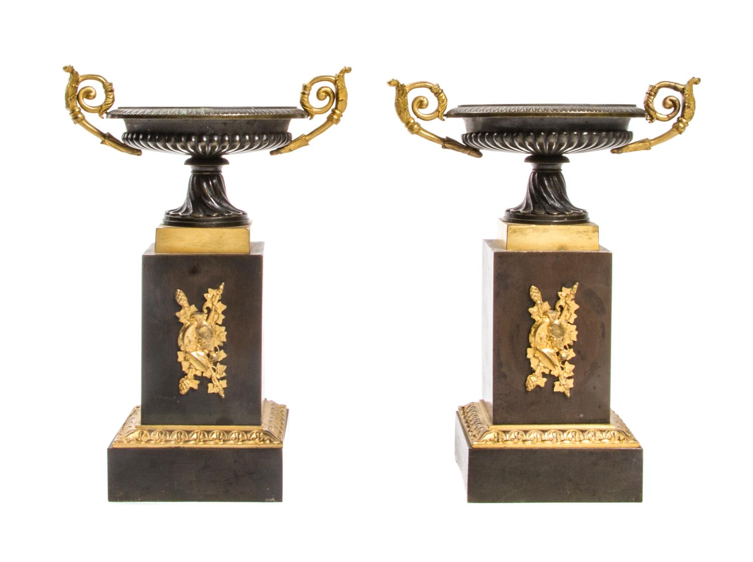 A Pair of Empire Patinated and Gilt Bronze Tazze, Height 9 1/2 inches.