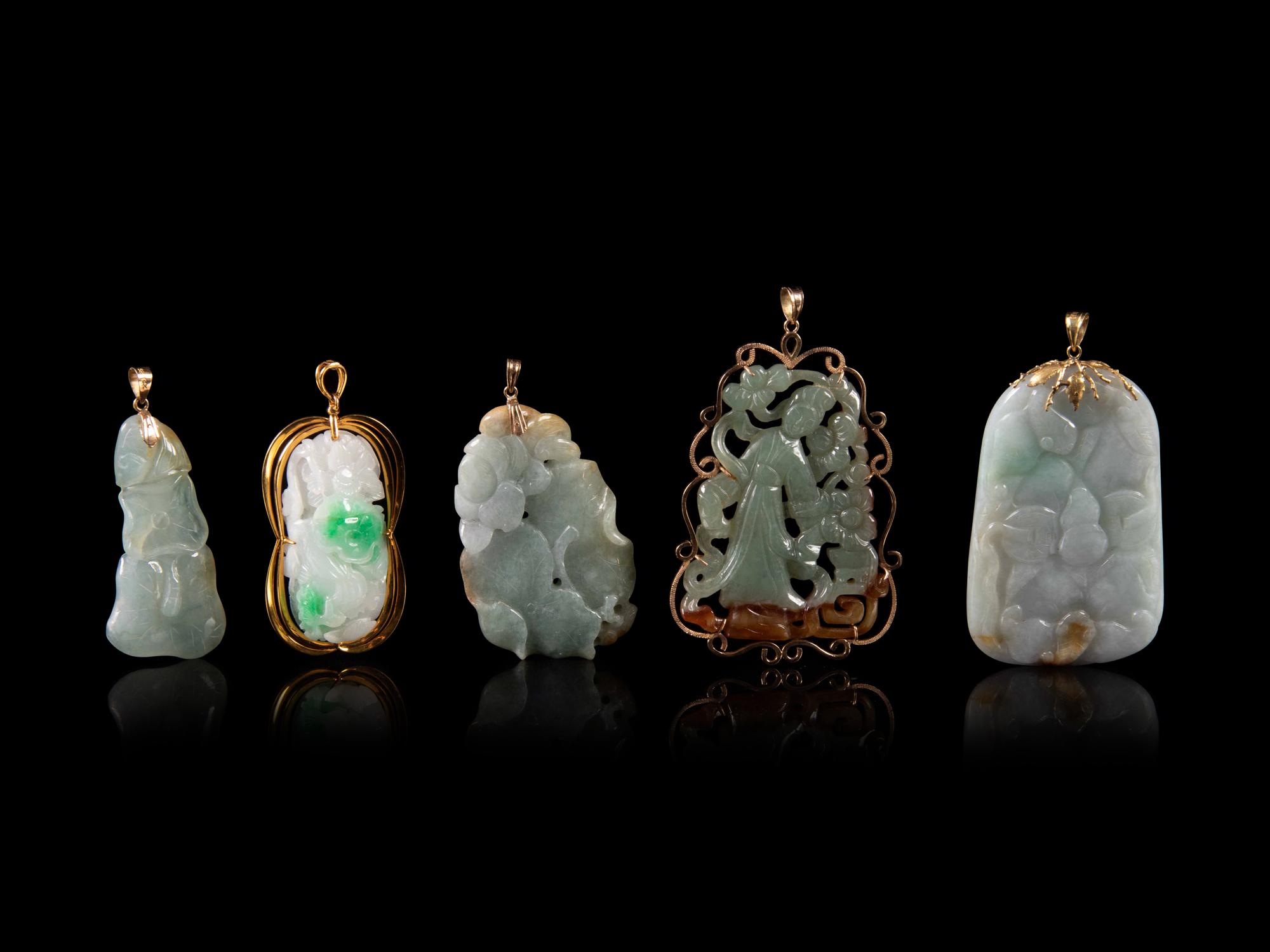 Five Green Jadeite Pendants