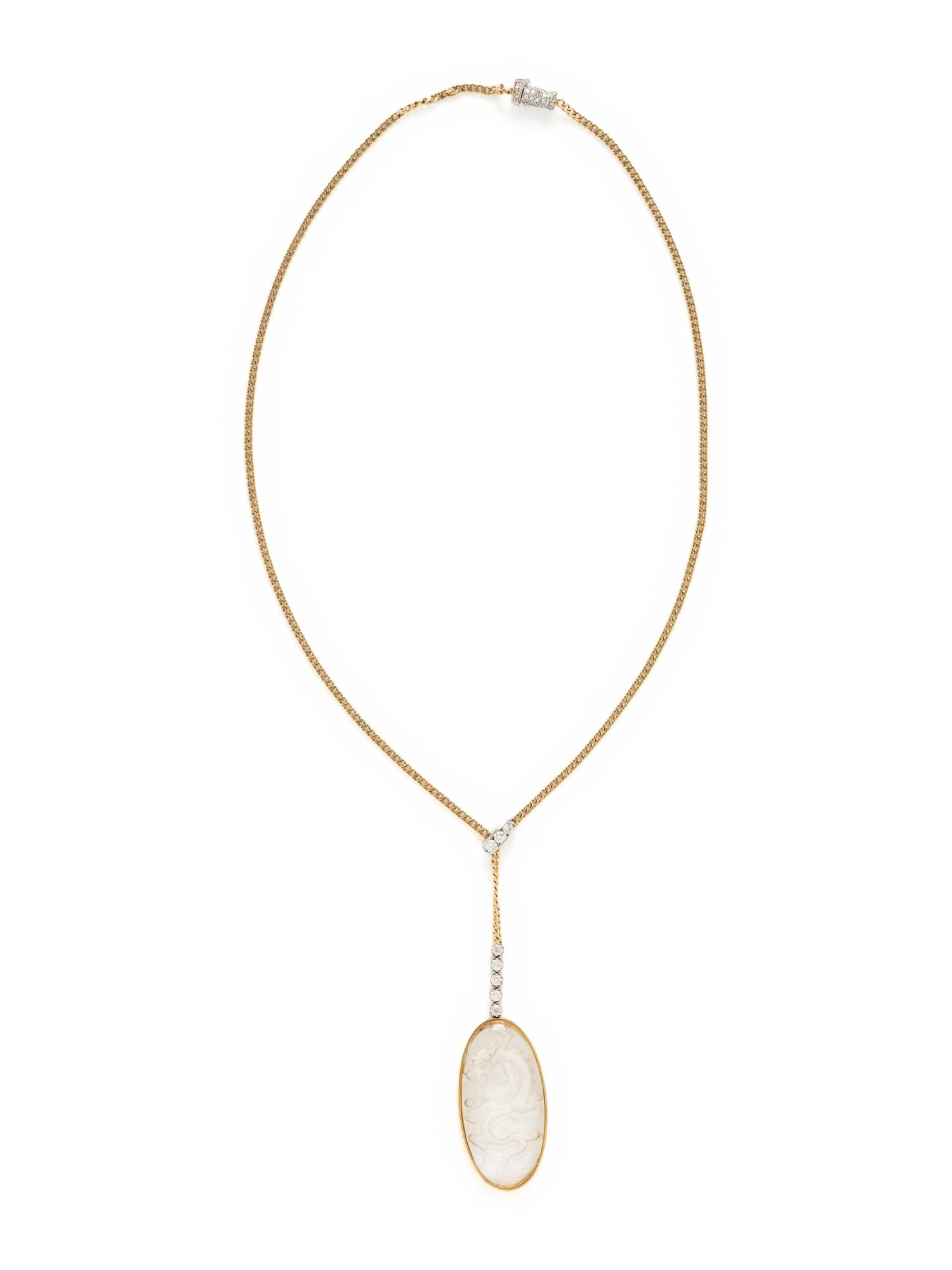 BICOLOR GOLD, DIAMOND, AND CARVED ROCK CRYSTAL NECKLACE