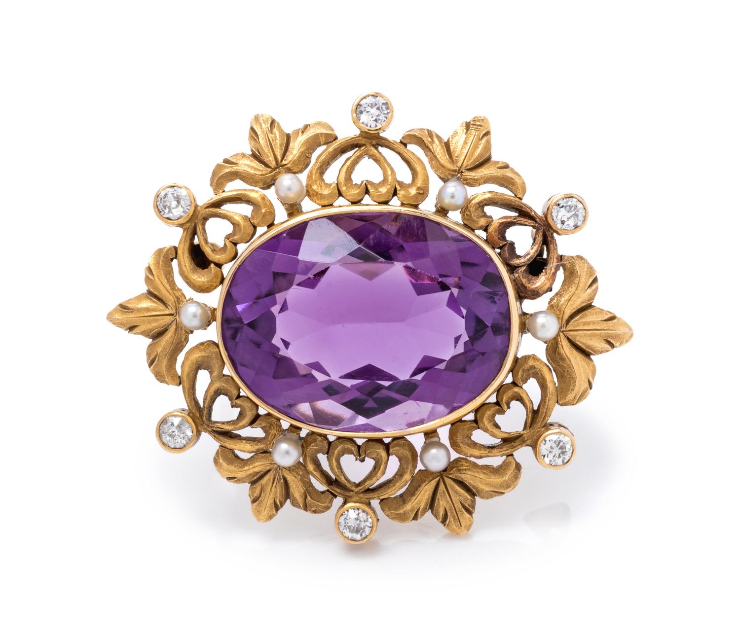 An Art Nouveau 14 Karat Yellow Gold, Amethyst, Diamond and Seed Pearl Brooch,