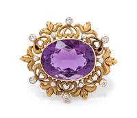 An Art Nouveau 14 Karat Yellow Gold, Amethyst, Diamond and Seed Pearl Brooch,