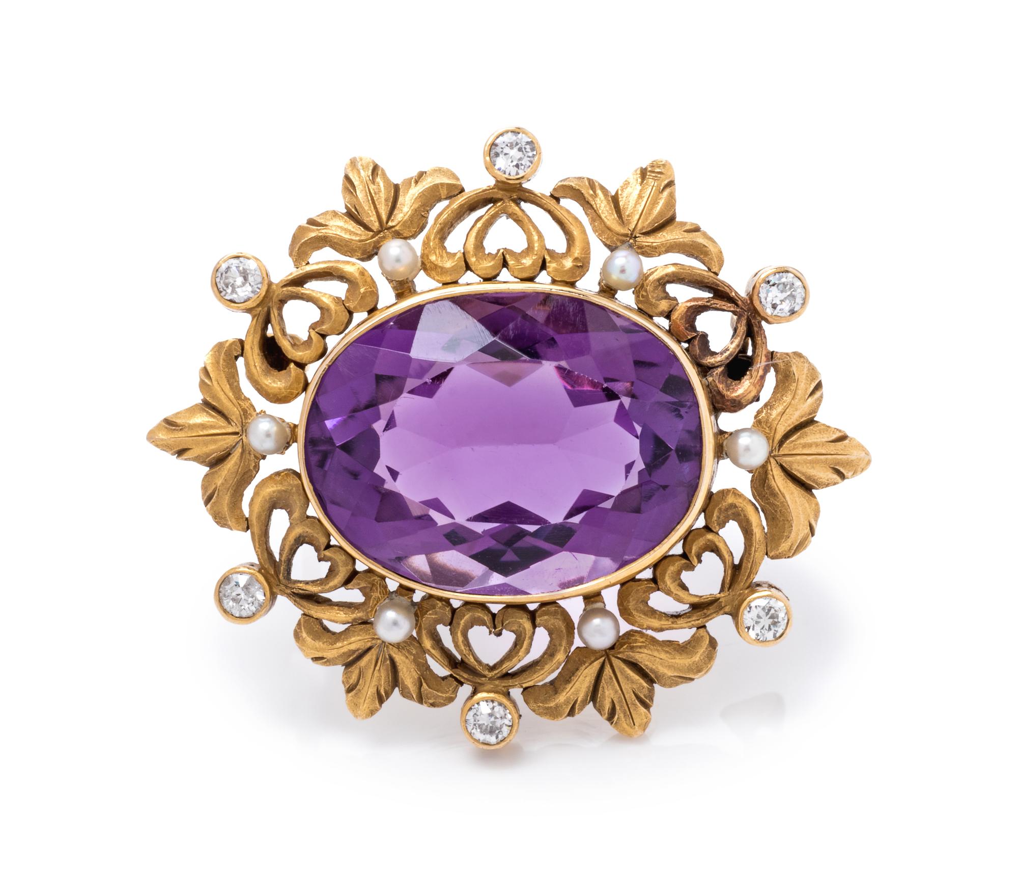 An Art Nouveau 14 Karat Yellow Gold, Amethyst, Diamond and Seed Pearl Brooch,