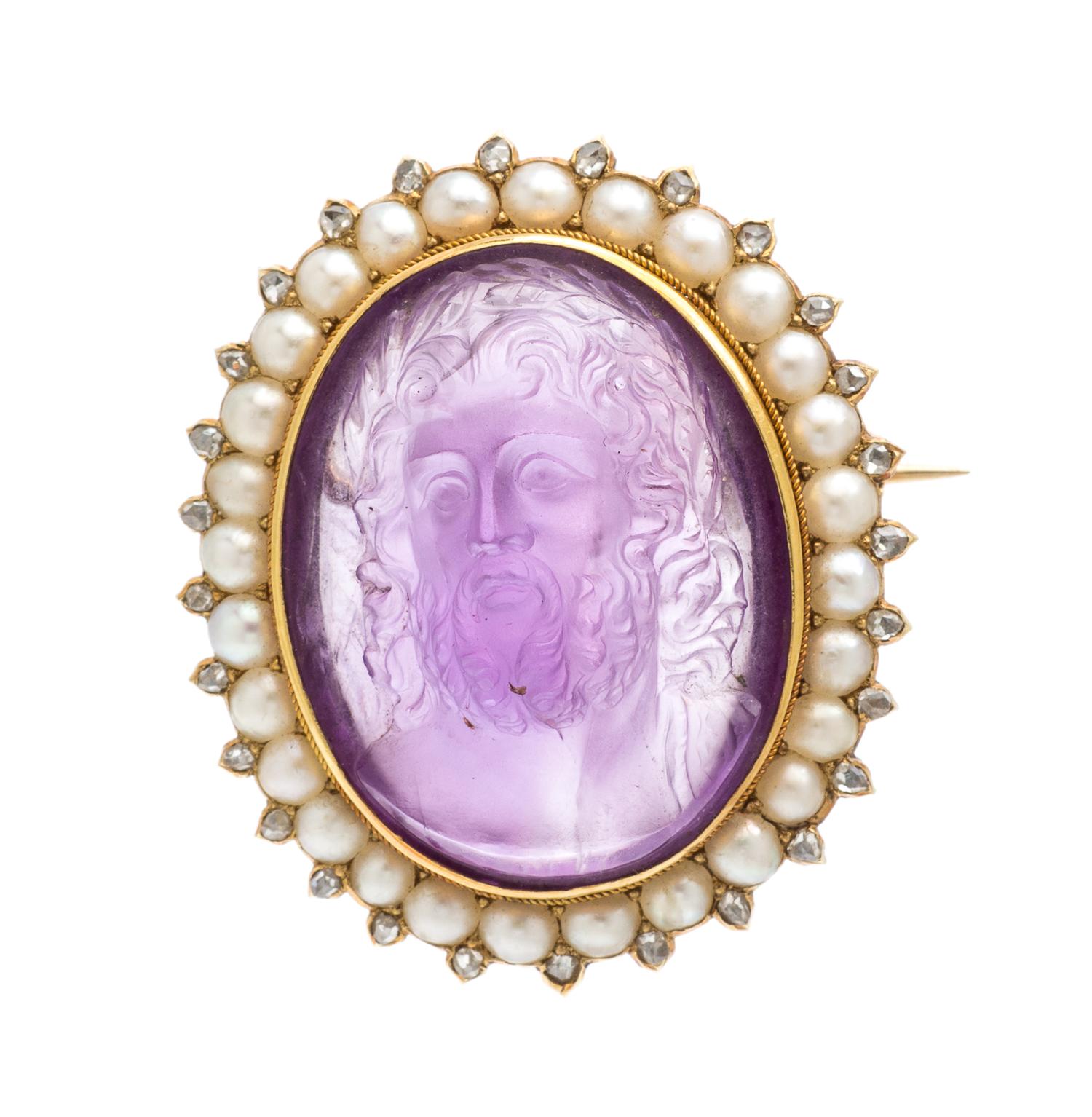 A Victorian Yellow Gold, Amethyst Cameo, Seed Pearl and Diamond Brooch, 13.00 dwts.