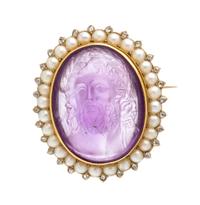 A Victorian Yellow Gold, Amethyst Cameo, Seed Pearl and Diamond Brooch, 13.00 dwts.