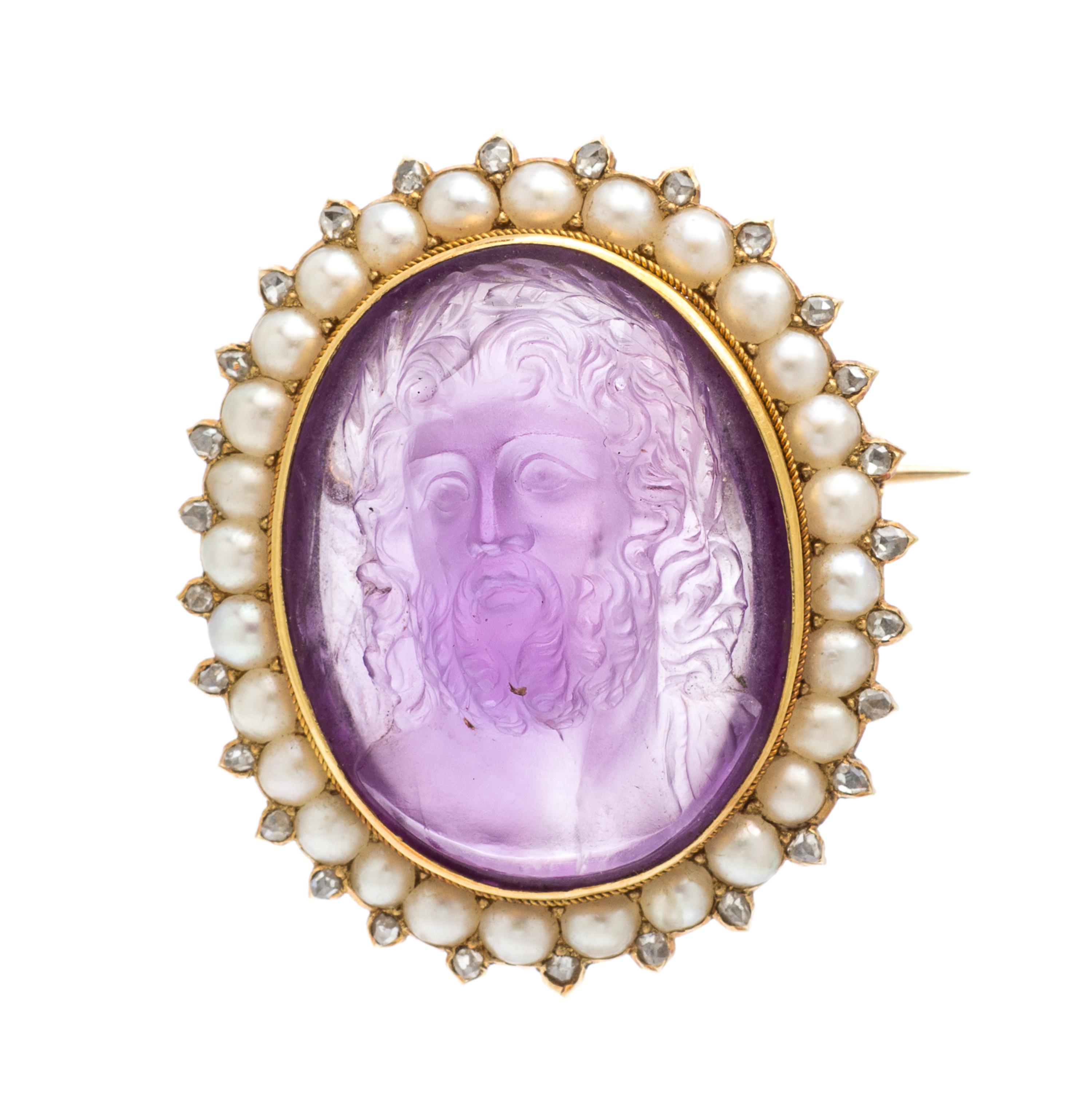 A Victorian Yellow Gold, Amethyst Cameo, Seed Pearl and Diamond Brooch, 13.00 dwts.