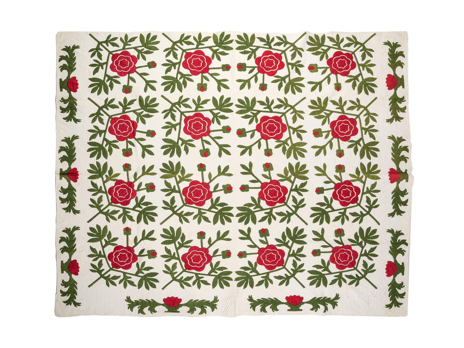 A Rose of Sharon Applique Pieced Cotton Quilt
