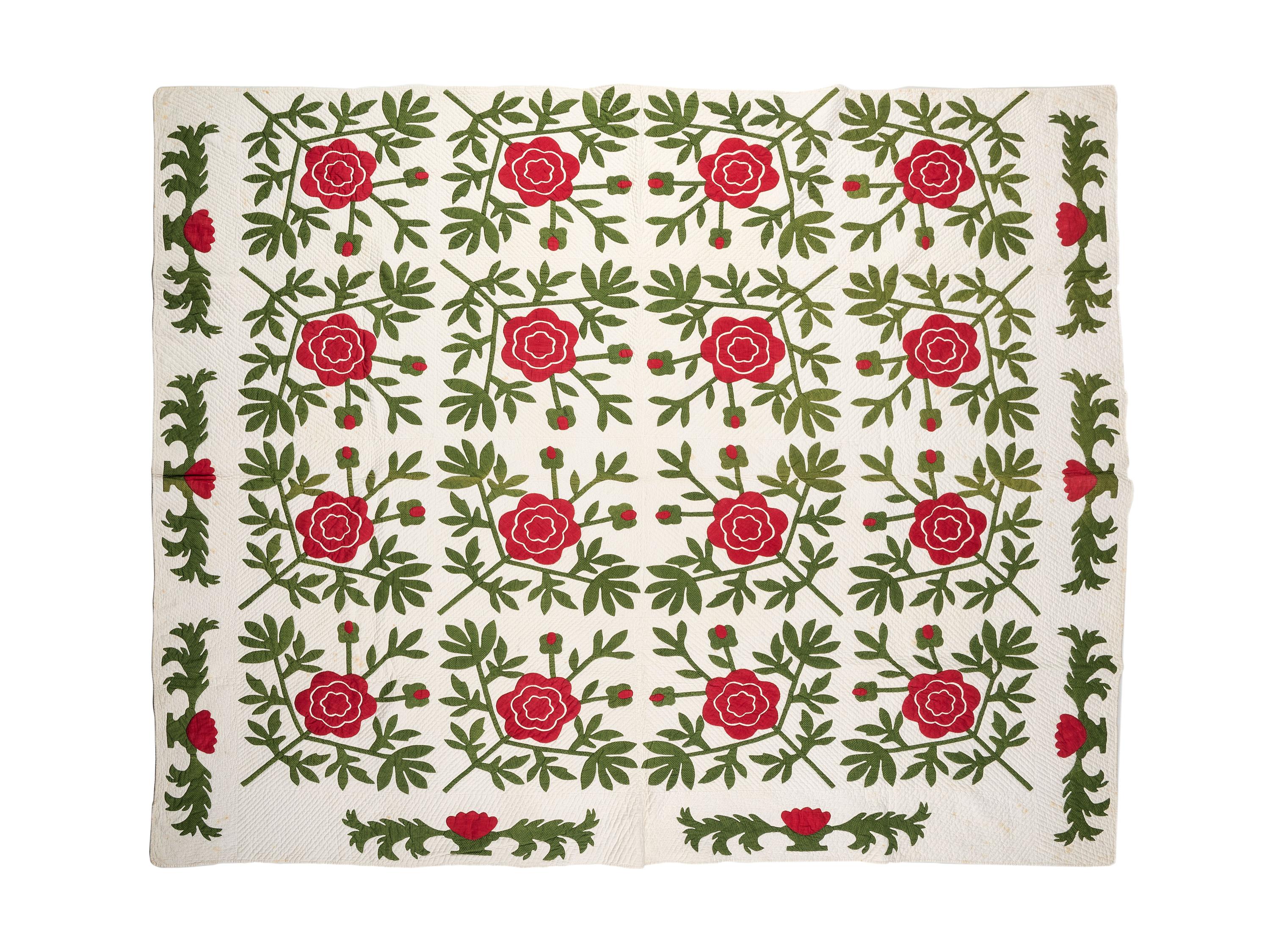 A Rose of Sharon Applique Pieced Cotton Quilt