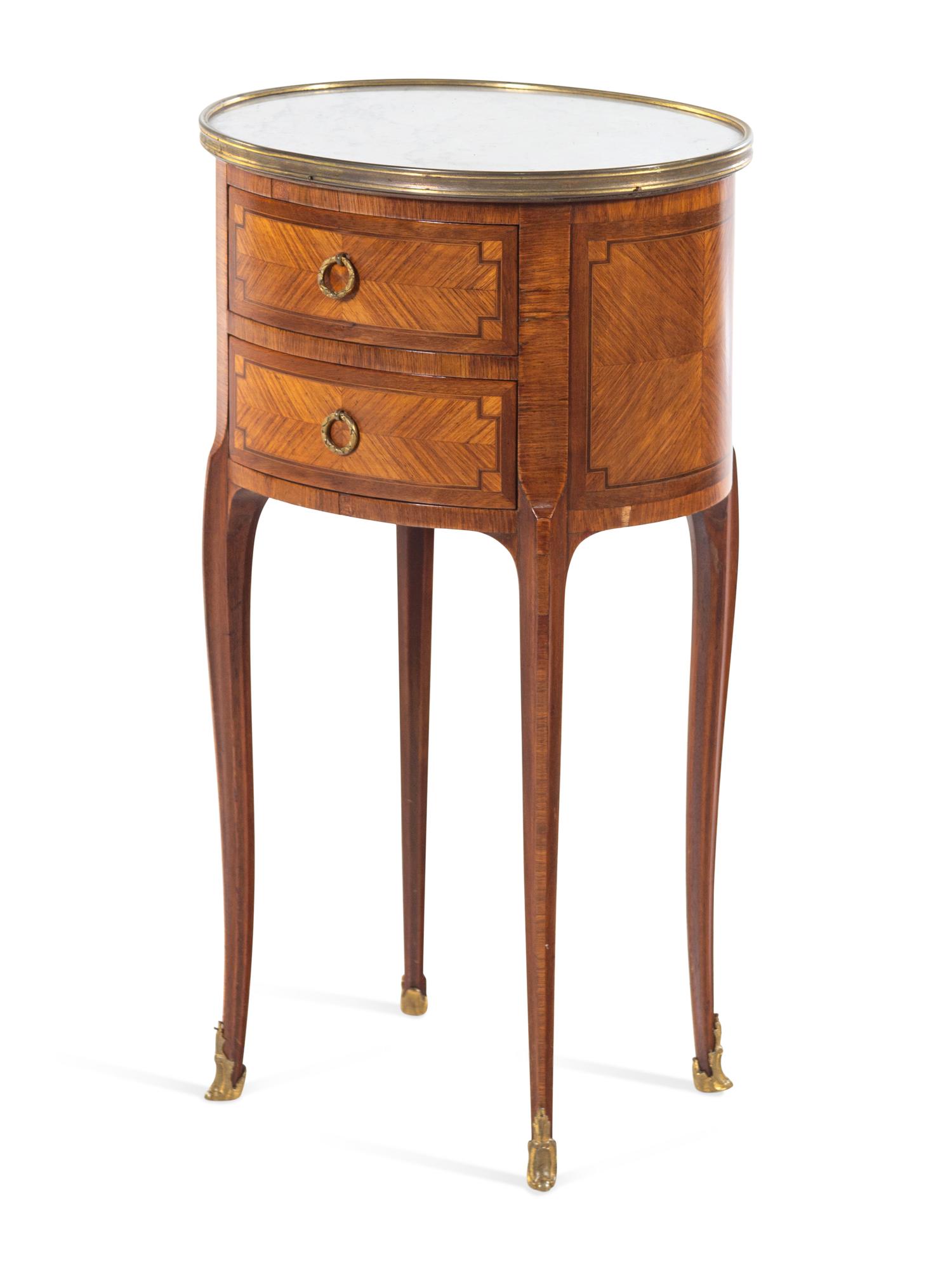 A Louis XV/XVI Transitional Style Tulipwood, Mahogany and Parquetry Marble Top Table en Chiffonier
