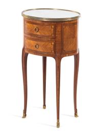 A Louis XV/XVI Transitional Style Tulipwood, Mahogany and Parquetry Marble Top Table en Chiffonier