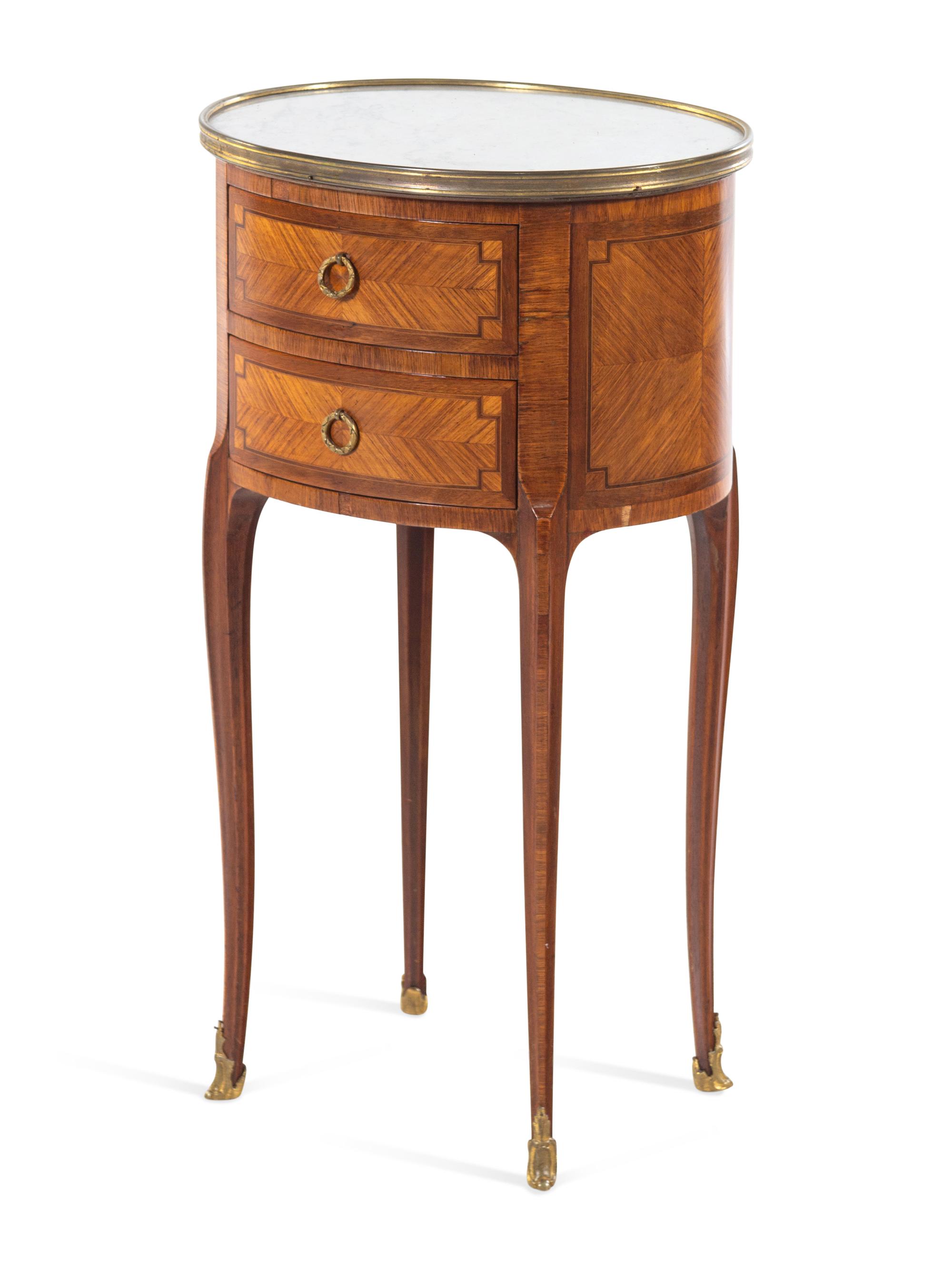 A Louis XV/XVI Transitional Style Tulipwood, Mahogany and Parquetry Marble Top Table en Chiffonier