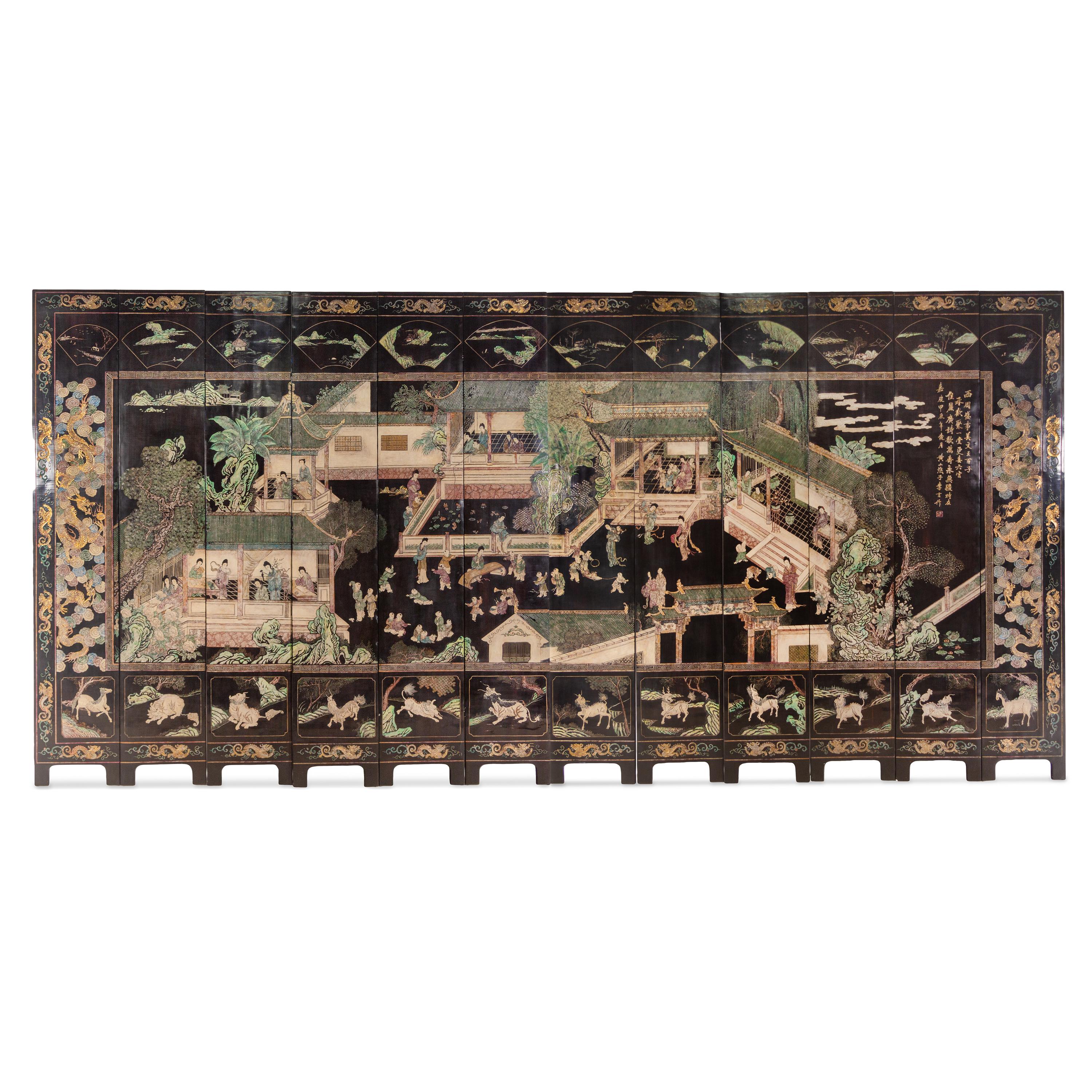 A Twelve-Paneled Coromandel Lacquer Floor Screen
