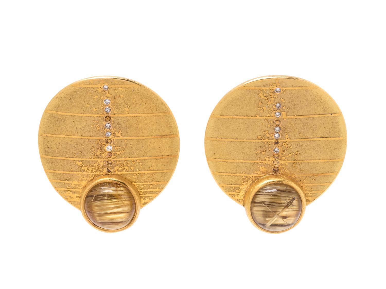 A Pair of 18 Karat Yellow Gold, Quartz, Diamond and Colored Diamond Earclips,