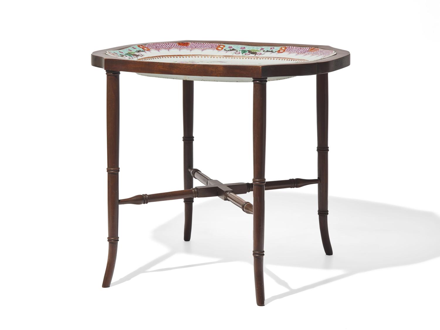 A Chinese Export Porcelain Famille Rose Platter on Wood Stand