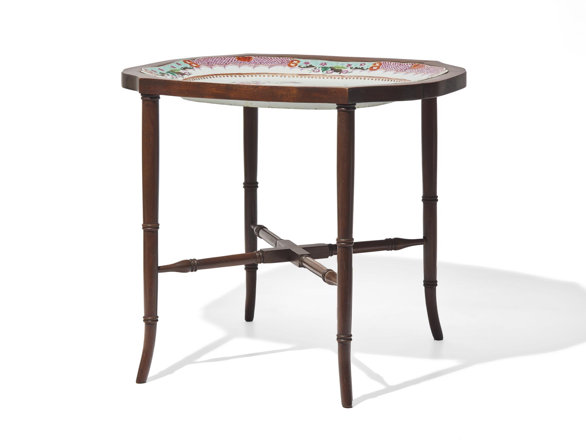 A Chinese Export Porcelain Famille Rose Platter on Wood Stand
